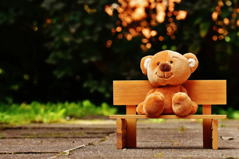 a teddy bear sitting on top of a wooden bench, sitting on a park bench