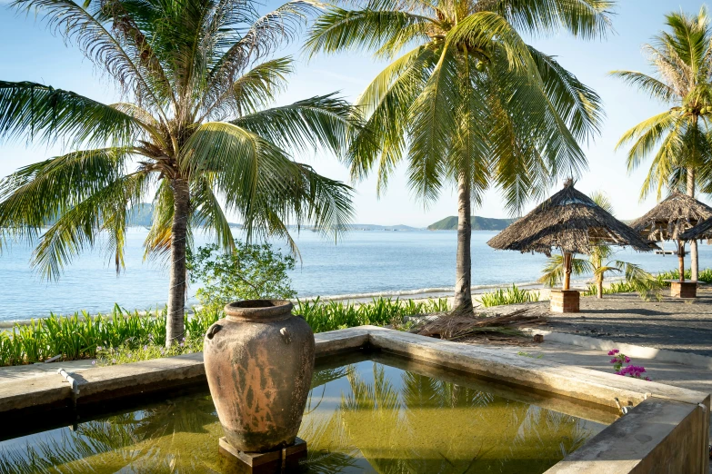 a water fountain surrounded by palm trees next to the ocean, inspired by Gaugin, unsplash contest winner, vietnamese temple scene, john pawson, small wellness relaxation pool, madagascar