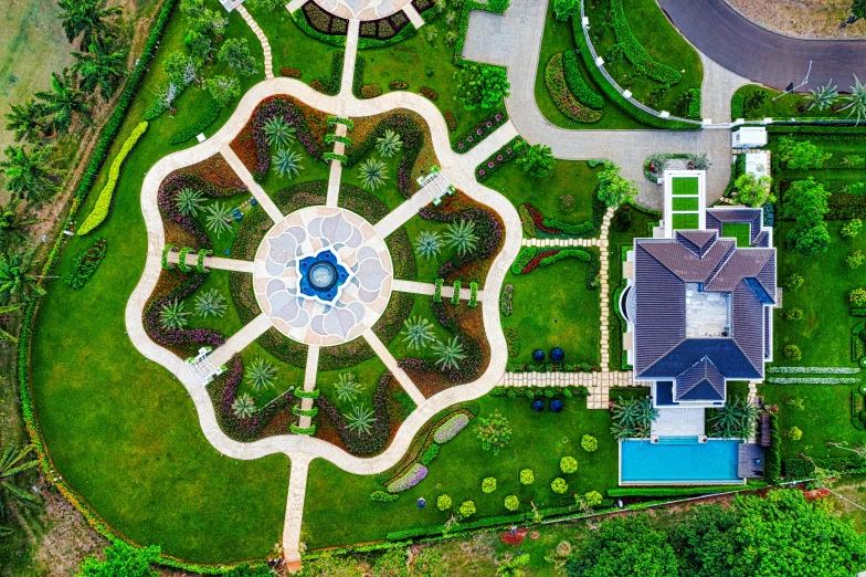 a bird's eye view of a house and garden, pexels contest winner, helipad, shipibo, royal garden background, panoramic shot