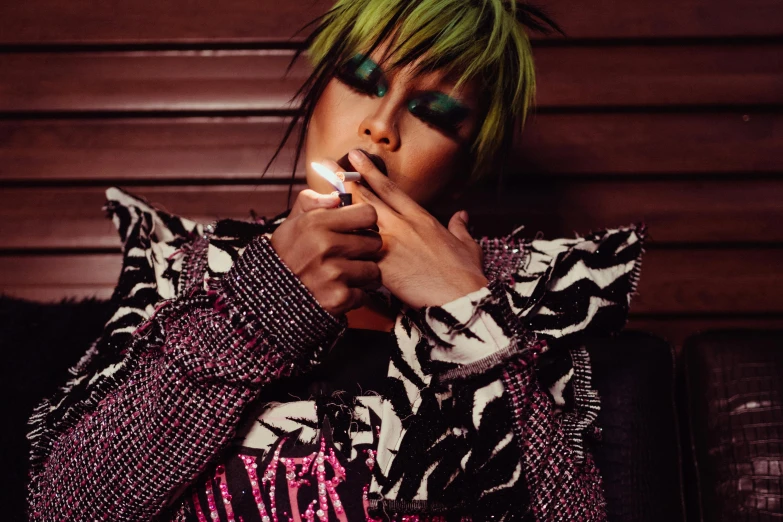 a woman with green hair smoking a cigarette, an album cover, trending on pexels, bedazzled, androgyny, ayahausca, supermodel