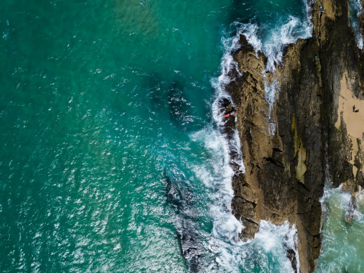 a group of people standing on top of a cliff next to the ocean, by Peter Churcher, pexels contest winner, teal aesthetic, mid air shot, rough water, thumbnail