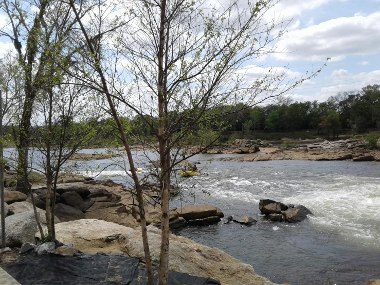 a river flowing through a lush green forest filled with trees, trending on reddit, hurufiyya, rock quarry location, on a kayak in a forest, slide show, cahaba river alabama