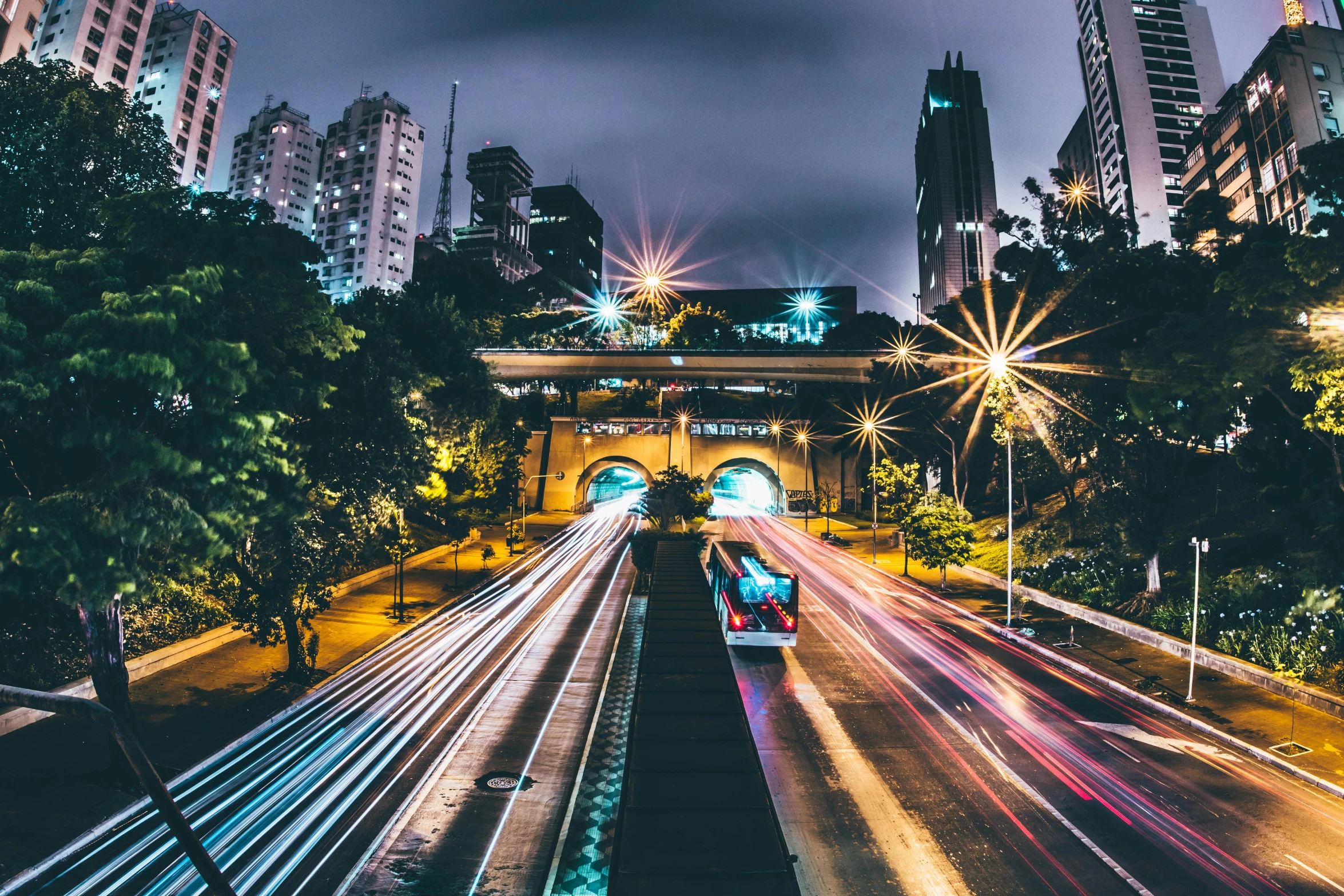 a street filled with lots of traffic next to tall buildings, by Patrick Ching, pexels contest winner, graffiti, lush tress made of city lights, light trail, ad image, instagram picture