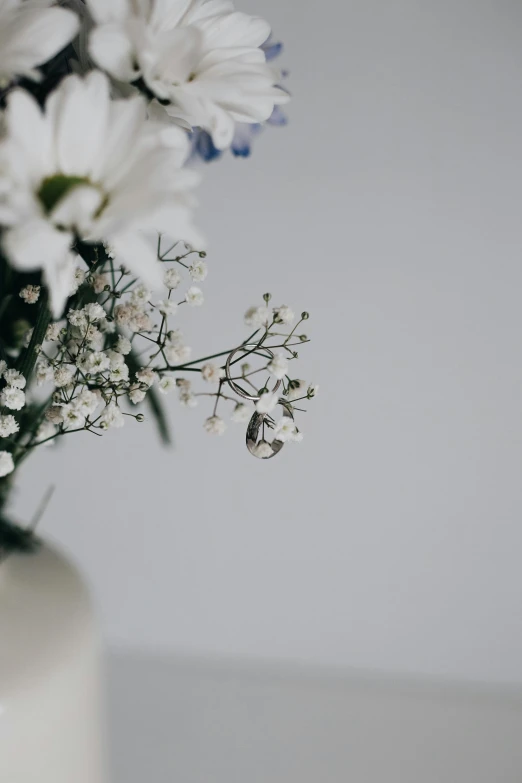 a white vase filled with white and blue flowers, trending on unsplash, light and space, detailed jewellery, gypsophila, detail shot, multiple stories