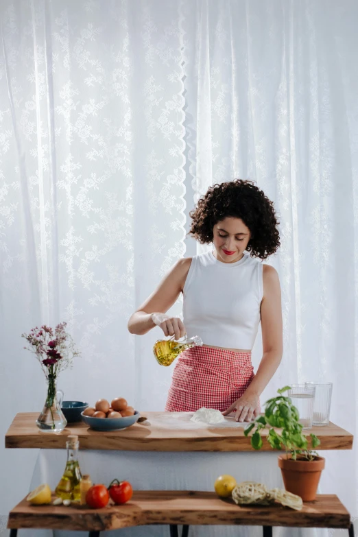 a woman preparing food on a wooden table, of a full body, profile image, luca, jasmine