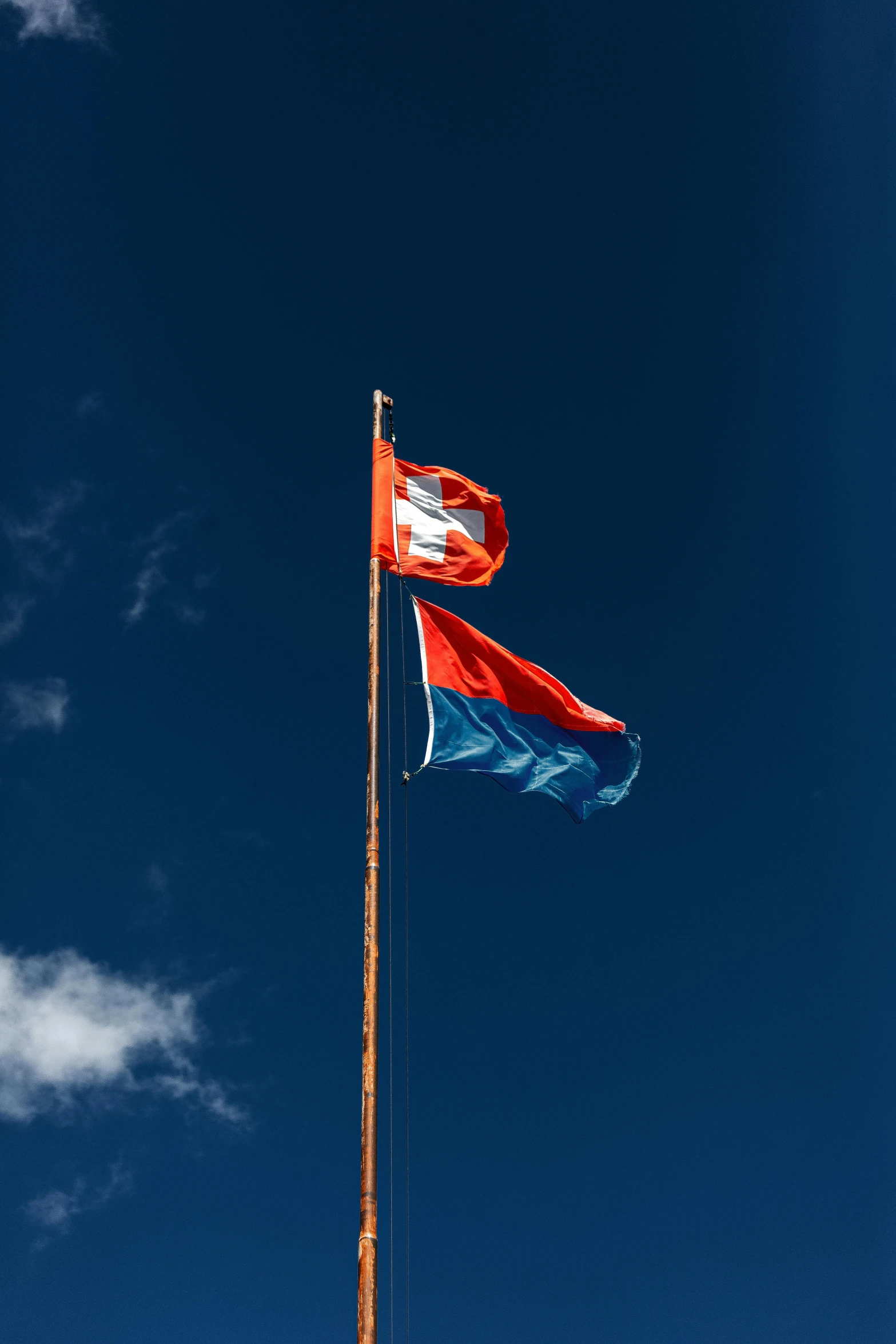 a couple of flags that are flying in the air, by Niko Henrichon, unsplash, hurufiyya, laos, square, blue orange, slide show