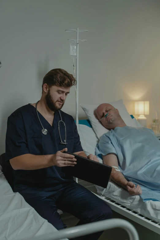 a man laying in a hospital bed with a stethoscope, pexels contest winner, happening, calmly conversing 8k, sad prisoner holding ipad, ( ( theatrical ) ), scene from live action movie