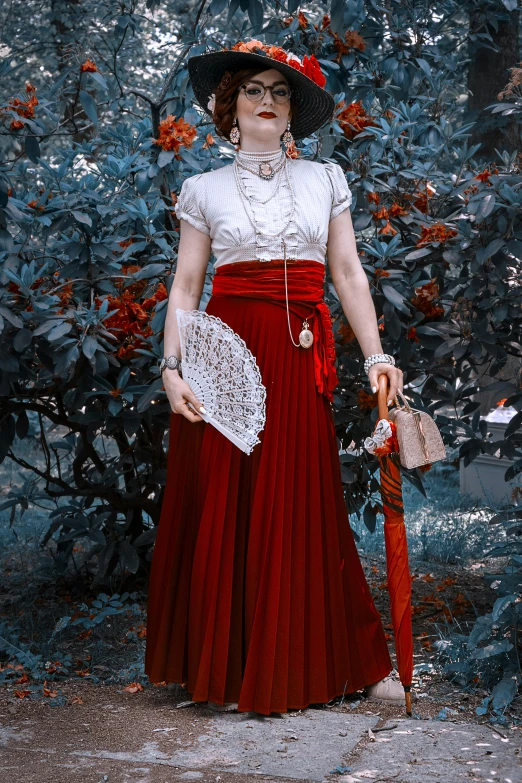 a woman in a red skirt holding an umbrella, an album cover, inspired by Carl Larsson, pexels contest winner, renaissance, white russian clothes, full body!! maximalist details, sullen old maid ( redhead, next to a tree