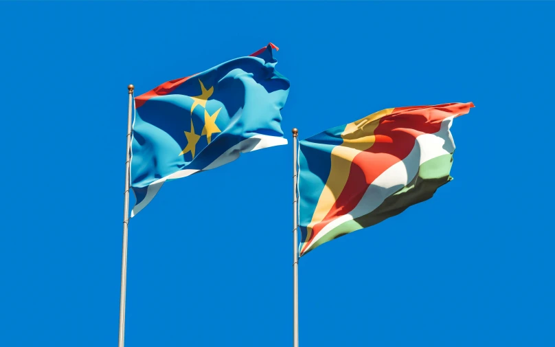 two flags flying side by side against a blue sky, by Matija Jama, shutterstock, square, multi - coloured, epiphany, 🇺🇦