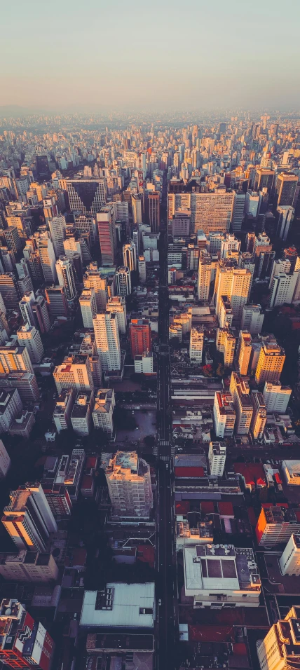 an aerial view of a city with tall buildings, by Niko Henrichon, pexels contest winner, modernism, brazil, warm light, small details, multiple stories