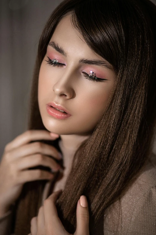 a close up of a woman with long hair, a colorized photo, inspired by Lilia Alvarado, trending on pexels, aestheticism, soft pink lights, evening makeup, ilustration, line sleek