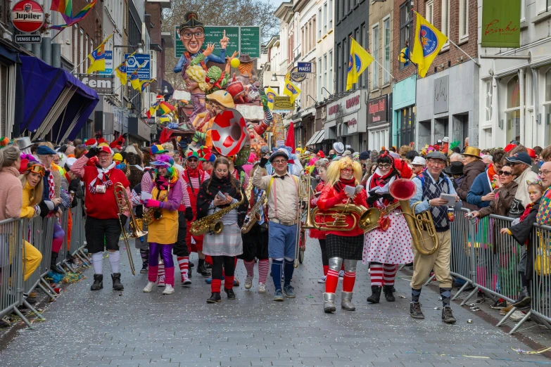 a group of people walking down a street, inspired by Bernd Fasching, pexels contest winner, utrecht, ronald mcdonald, tuba, square