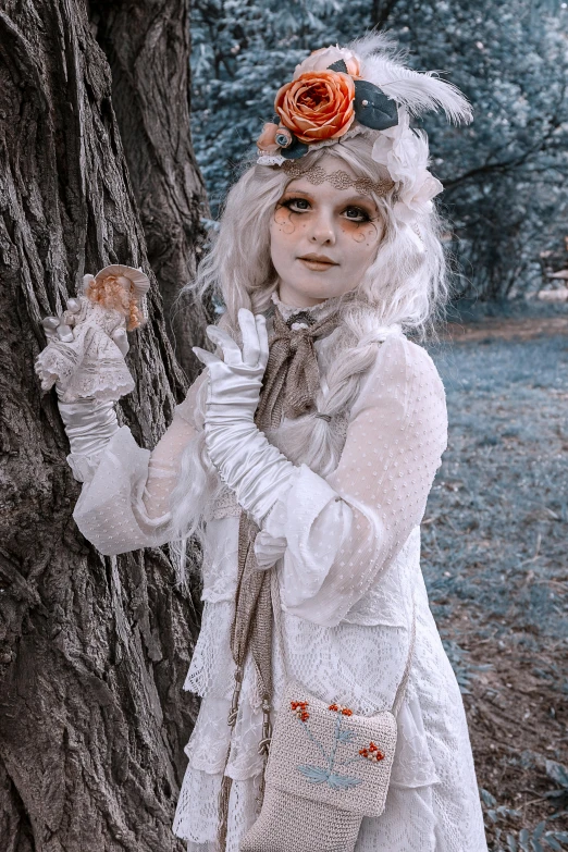 a woman that is standing next to a tree, inspired by Samuel Hieronymus Grimm, pixabay contest winner, rococo, ball jointed doll, messy wavy white hair, cosplay photo, white ( cat ) girl