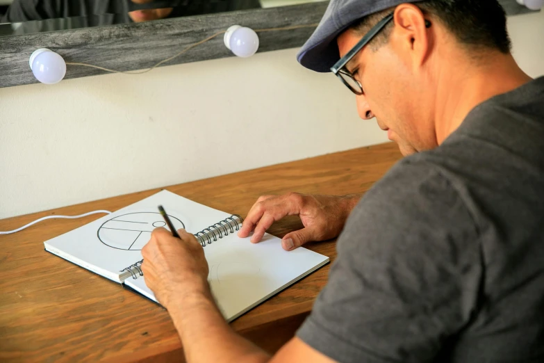 a man sitting at a table writing on a notebook, a drawing, alex yanes, artisanal art, josh grover, medium shot angle