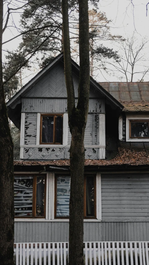 a house with a white fence in front of it, a colorized photo, by Attila Meszlenyi, pexels contest winner, modernism, dystopian gray forest background, dull flaking paint, built on a small, a wooden