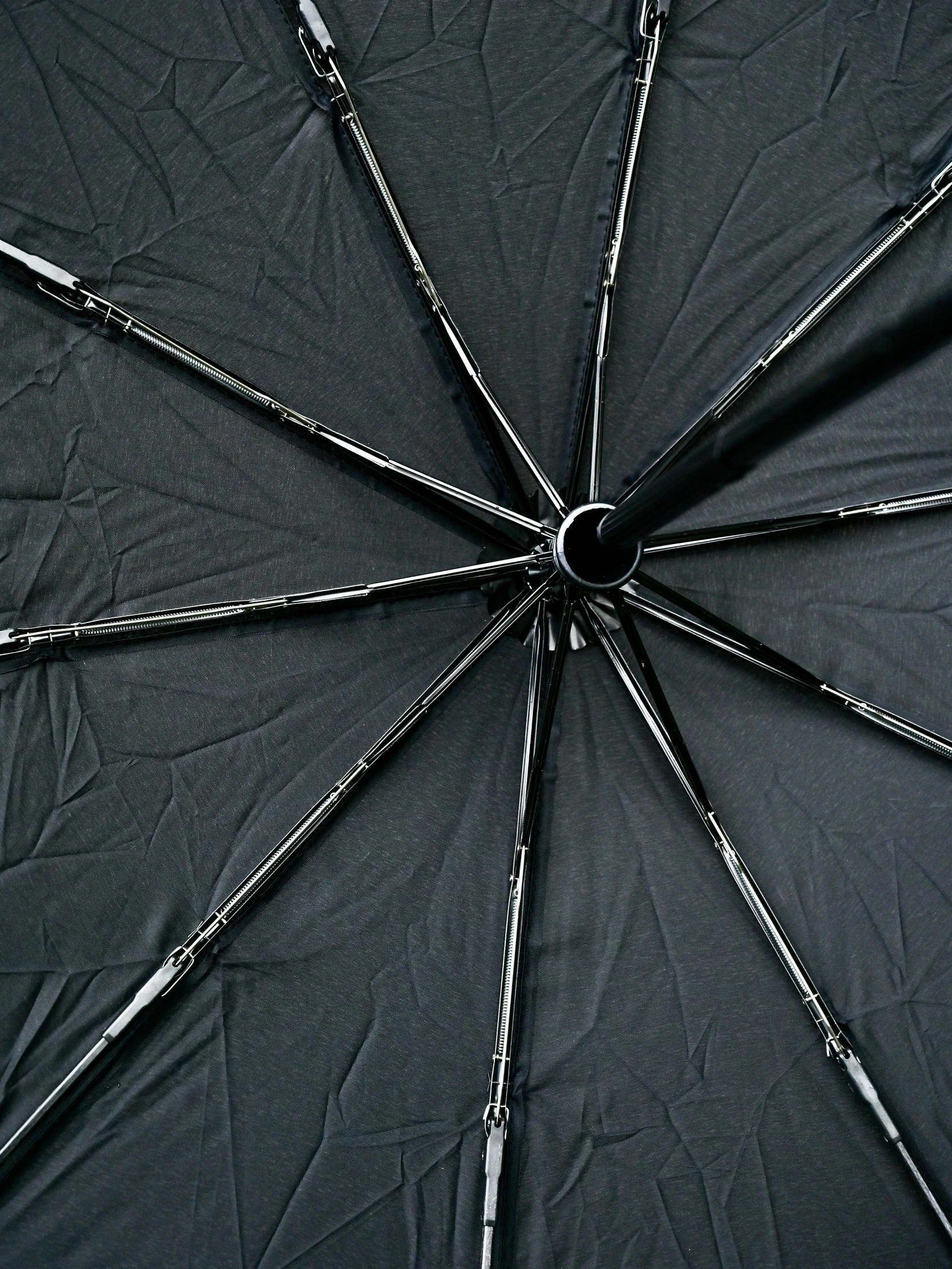 a close up of an open black umbrella, gun metal grey, many zippers, main colour - black, zoomed in shots