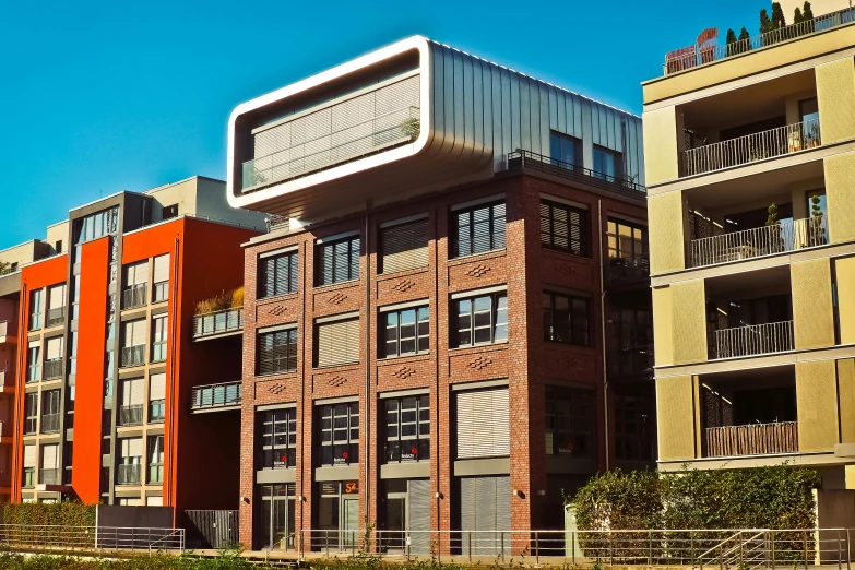 a couple of buildings that are next to each other, a digital rendering, inspired by Victor Enrich, art nouveau, kreuzberg, warehouses, professionally post-processed, all buildings on bridge