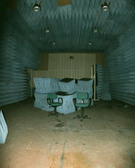 a room that has some chairs in it, an album cover, by Attila Meszlenyi, flickr, fluxus, aperture science test chamber, lot of foam, roswell air base, sound waves