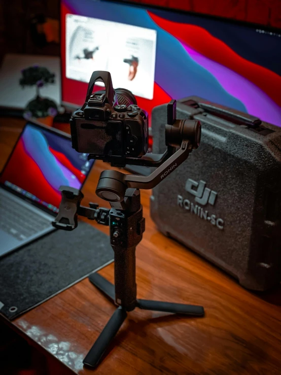 a laptop computer sitting on top of a wooden table, by Carey Morris, unsplash contest winner, holography, red camera, full body 8k, mobile gimball camera, youtube thumbnail