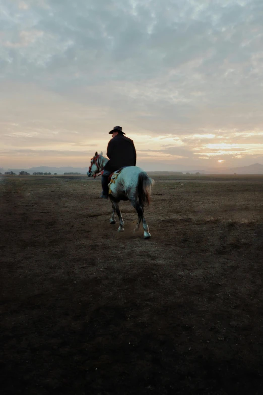 a man riding on the back of a white horse, an album cover, by Attila Meszlenyi, unsplash contest winner, early morning light, 👰 🏇 ❌ 🍃, bay area, on a desolate plain