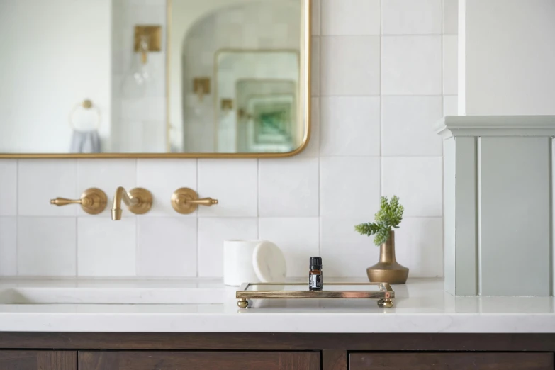 a bathroom sink with a mirror above it, inspired by Albert Dorne, featured on pinterest, clean white lab background, salvia, made of polished broze, vignette of windowsill