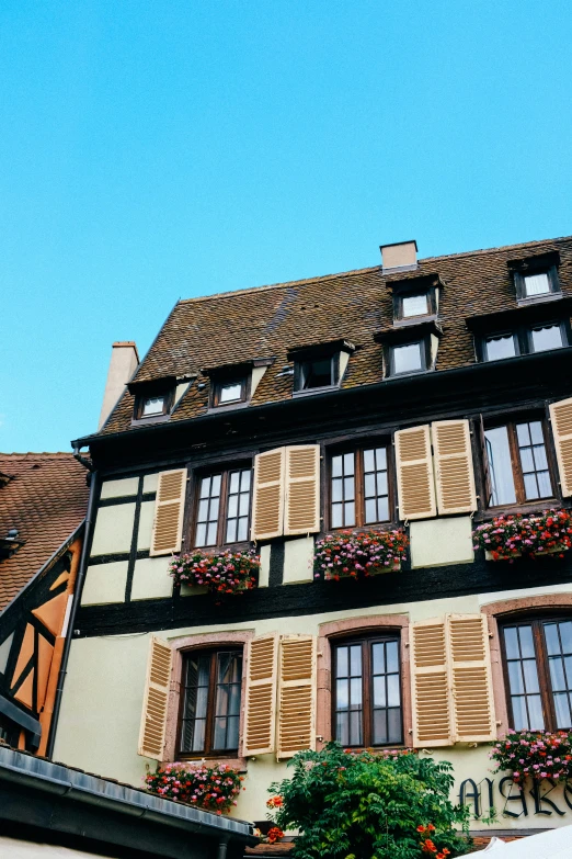 a very tall building with lots of windows, a screenshot, trending on unsplash, renaissance, french village exterior, color image, amber and blue color scheme, window with flower box