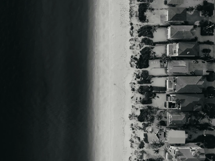 a black and white photo of a beach with houses, by Carey Morris, unsplash contest winner, minimalism, satellite view, detailed photo 8 k, narrow, half and half