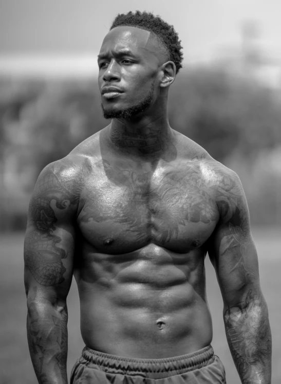 a black and white photo of a shirtless man, a black and white photo, inspired by Terrell James, man is with black skin, very muscly, transparent body, uploaded