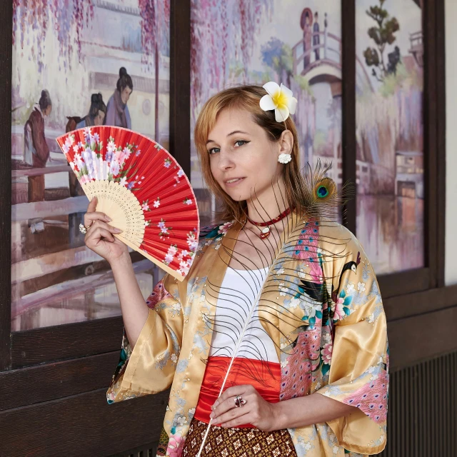 a woman in a kimono is holding a fan, a portrait, pixabay contest winner, russian and japanese mix, publicity cosplay, wearing a hawaiian dress, ethnicity : japanese