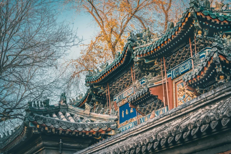 a chinese building with a blue sky in the background, inspired by Wang Yi, pexels contest winner, art nouveau, roofed forest, square, brown, grey