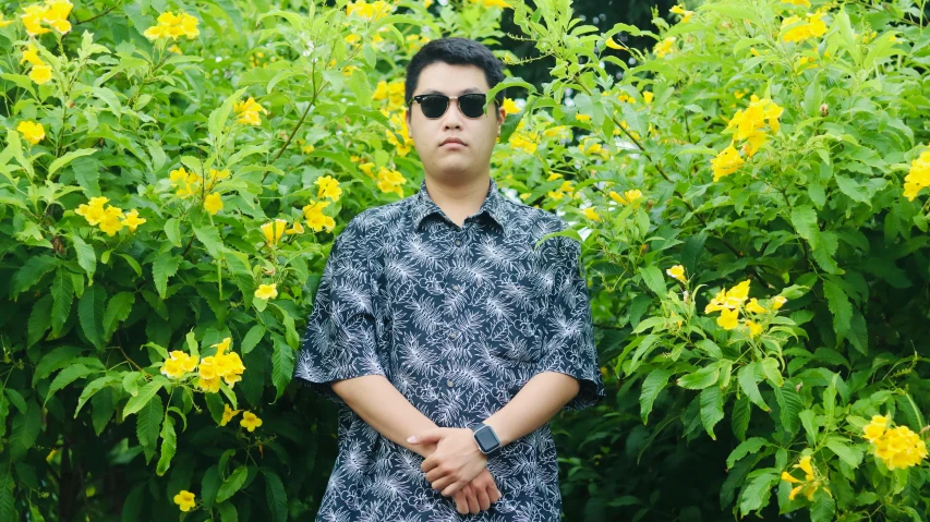 a man standing in front of a bush of yellow flowers, an album cover, inspired by Abidin Dino, unsplash, hurufiyya, with sunglass, batik, portait photo profile picture, sub tropical