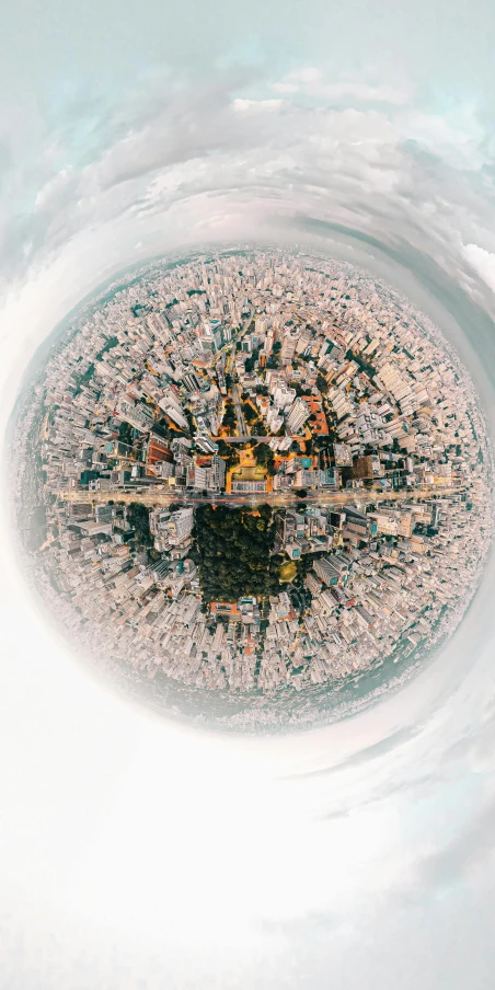 a picture of a clock in the middle of a circle, by Luis Miranda, trending on unsplash, drone view of a city, planet overgrown, panorama shot, futuristic phnom-penh cambodia