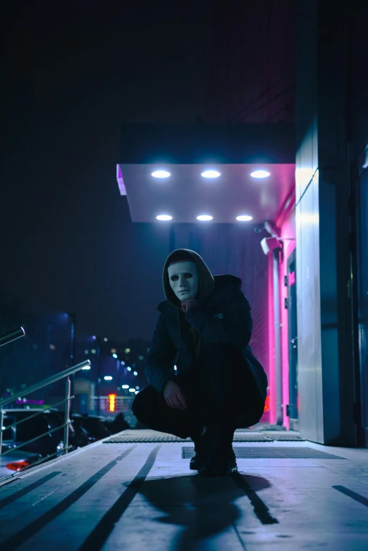 a woman squatting in front of a building at night, an album cover, pexels contest winner, antipodeans, young man in a purple hoodie, michael myers, at future neon light rooftop, mall goth