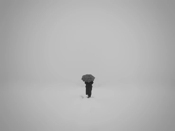 a person walking in the snow with an umbrella, a black and white photo, by Karl Buesgen, unsplash contest winner, conceptual art, flat minimalistic, ffffound, hiding, by emmanuel lubezki