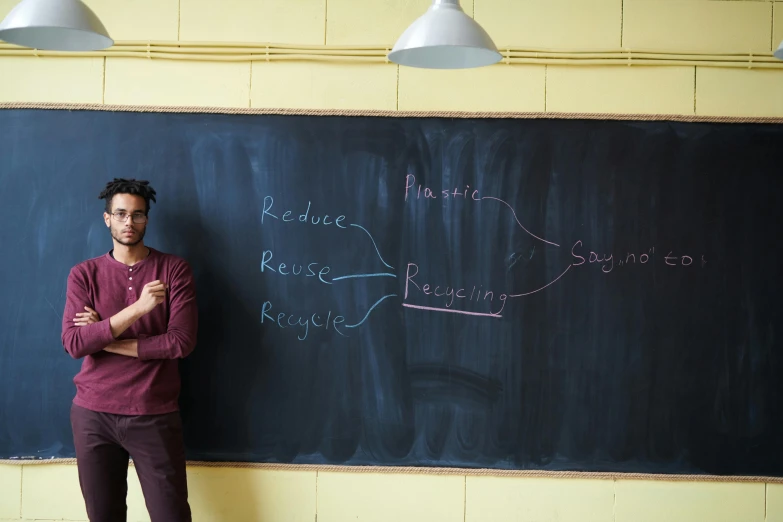 a man standing in front of a blackboard with writing on it, by Jessie Algie, pexels contest winner, sustainable materials, avan jogia angel, navid negahban, in a classroom