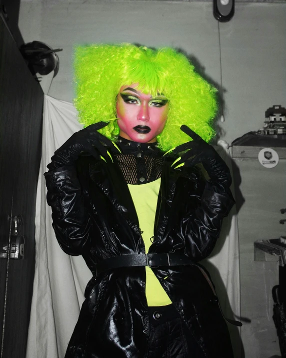 a woman with bright green hair posing for a picture, inspired by Eugene Leroy, black cyberlox, asher duran, ((neon colors))