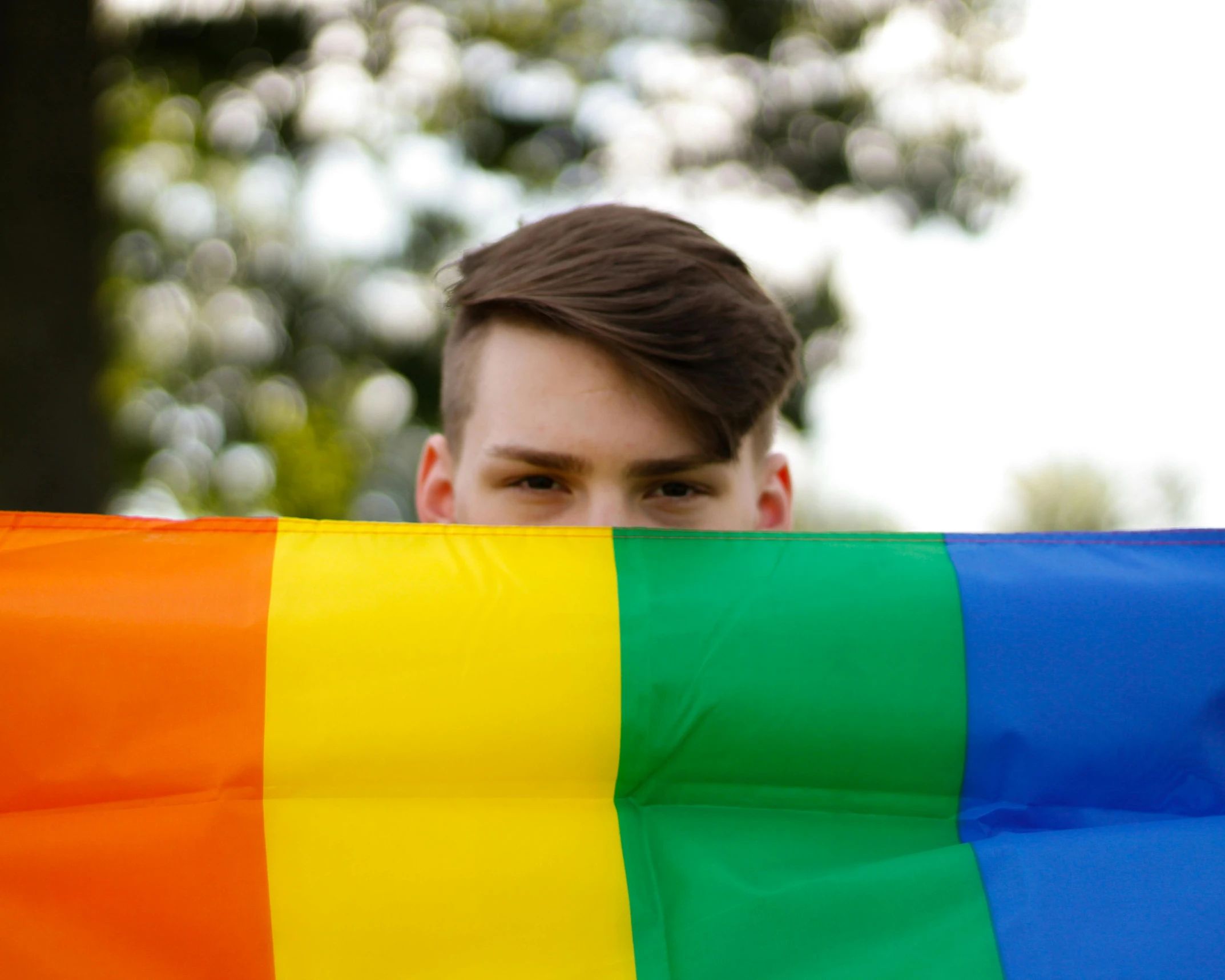 a man holding a rainbow flag in front of his face, trending on pexels, 18 years old, mid-shot of a hunky, banner, 🚿🗝📝