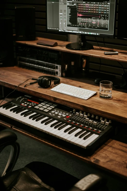 a computer sitting on top of a wooden desk, using synthesizer, production ig studios, just beautiful, uploaded
