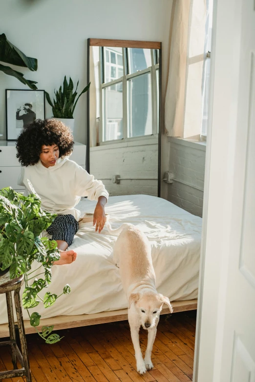 a woman sitting on a bed next to a dog, plants, ashteroth, dwell, tending on pinterest