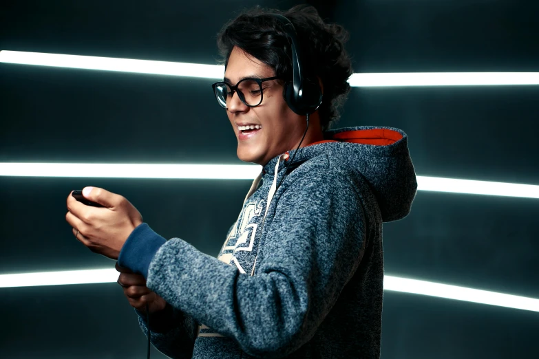 a man wearing headphones and listening to music, by Julia Pishtar, wearing a gaming headset, nerd, profile image, excited