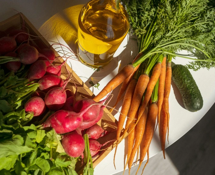 a bunch of vegetables sitting on top of a table, a picture, sunlit, detailed product image, uncrop, bottom angle