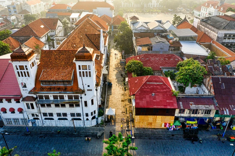 a view of a city from a bird's eye view, bali, street corner, colonial house in background, taken in 2 0 2 0