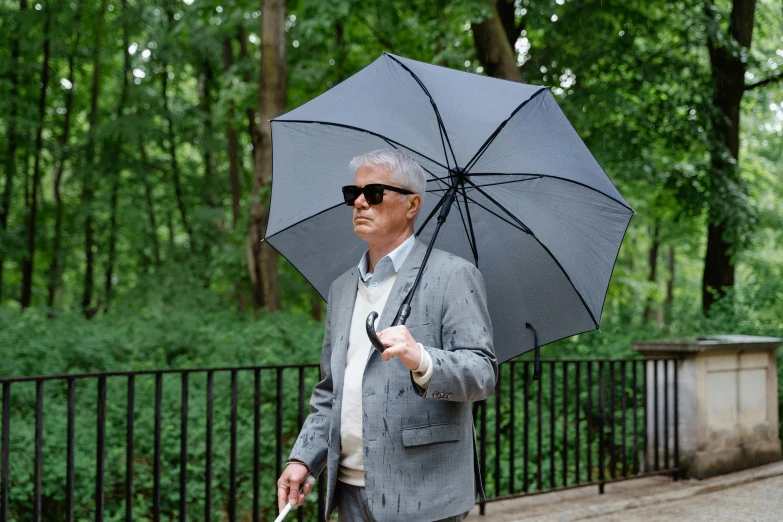 a man walking a dog with an umbrella, an album cover, inspired by Carl Gustaf Pilo, unsplash, gray haired, implanted sunglasses, humans of new york style, youtube thumbnail