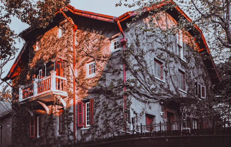 a house with vines growing on the side of it, a colorized photo, inspired by Elsa Bleda, pexels contest winner, red and orange glow, spring evening, college, monochrome