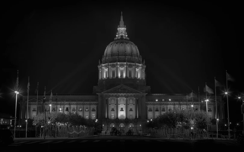 a black and white photo of a building at night, by Mike Bierek, unsplash contest winner, visual art, bay area, palace of the chalice, dome, pastel'