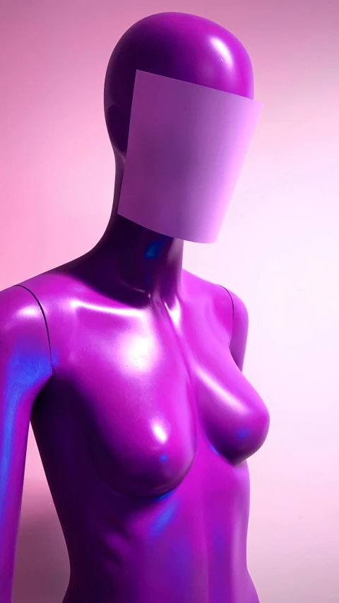 a close up of a mannequin wearing a purple suit, unsplash, neo-figurative, shiny plastic bikini, display”, synthwave image, noseless