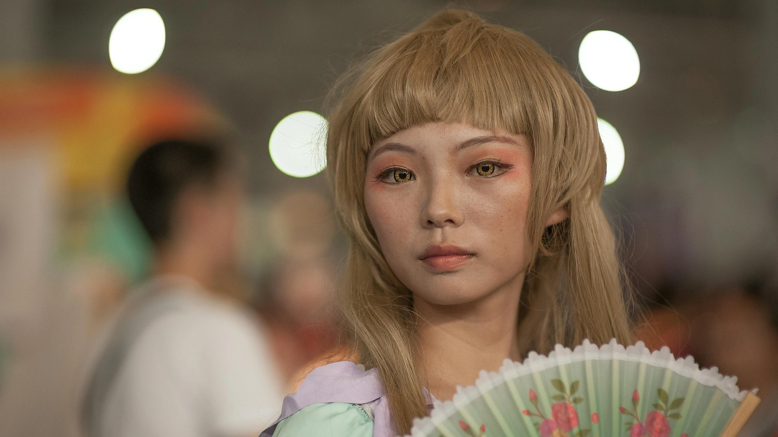 a close up of a person holding a fan, inspired by Ayako Rokkaku, trending on cg society, hyperrealism, portrait of barbie doll, small character. unreal engine 5, fashionweek backstage, ethnicity : japanese