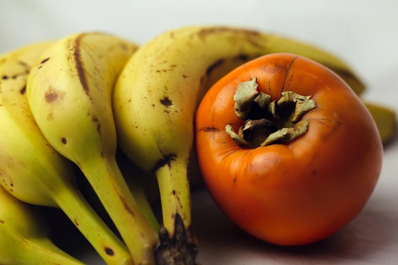 a bunch of bananas and a tomato on a table, by Mardi Barrie, unsplash, renaissance, orange and teal, passion fruits, background image, close-up product photo