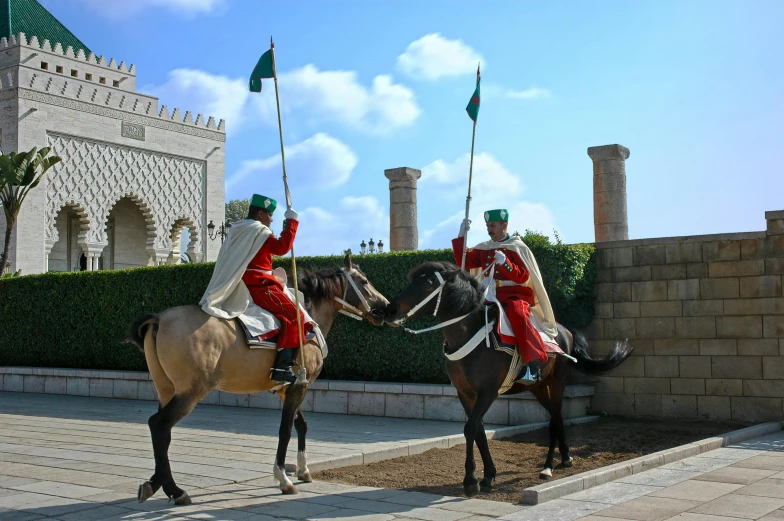 a couple of men riding on the backs of horses, by Julia Pishtar, pexels contest winner, hurufiyya, royal palace, green flags, thumbnail, square