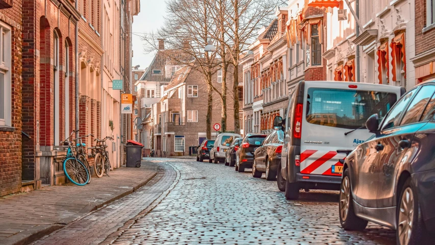 a row of parked cars on a cobblestone street, by Daniel Lieske, pexels contest winner, happening, utrecht, 🦩🪐🐞👩🏻🦳, van lieven, police cars